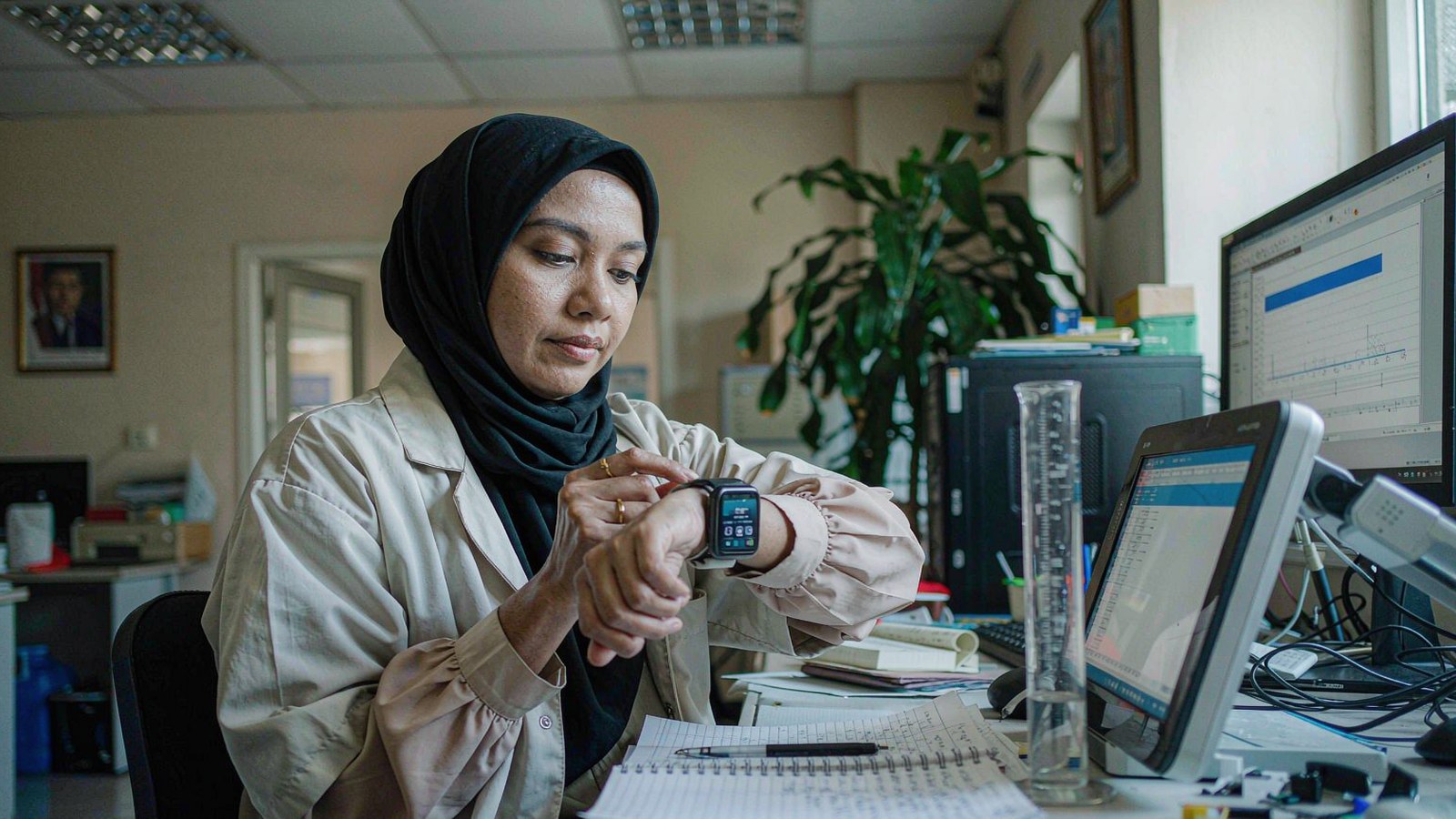Malaysian university researcher reviewing wearable heart-rate data